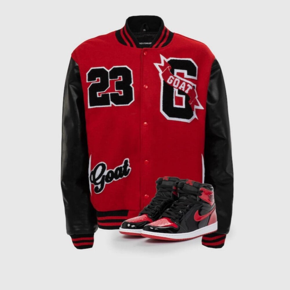 Men’s Varsity Jacket - Red & Black - GOAT 23 Patch - Retro Letterman Bomber